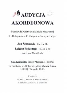 Audycja akordeonowa uczniów z PSM I i II stopnia w Nowym Targu; Mszana Dolna 14 lutego 2019 r.